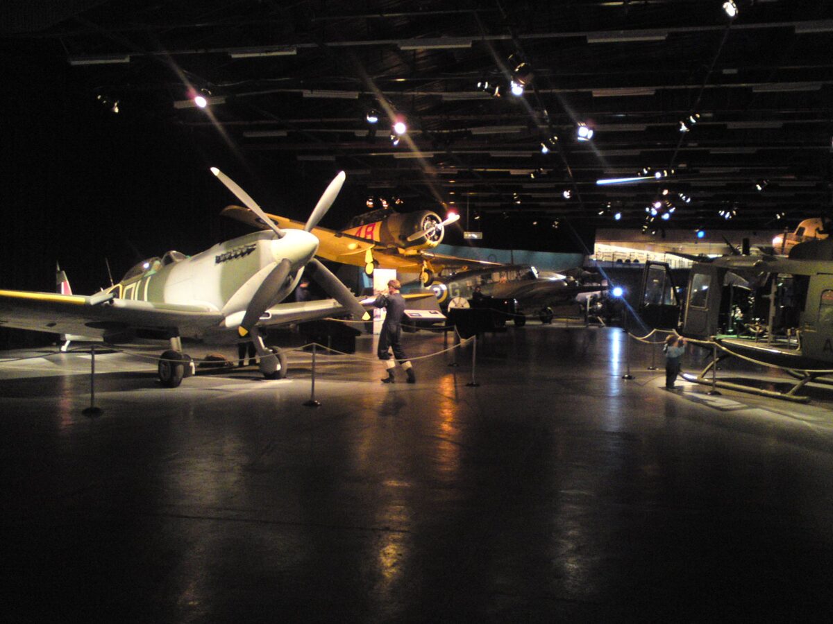Inside the Air Force Museum hangar with Spitfire and other WWII aircraft on display Christchurch