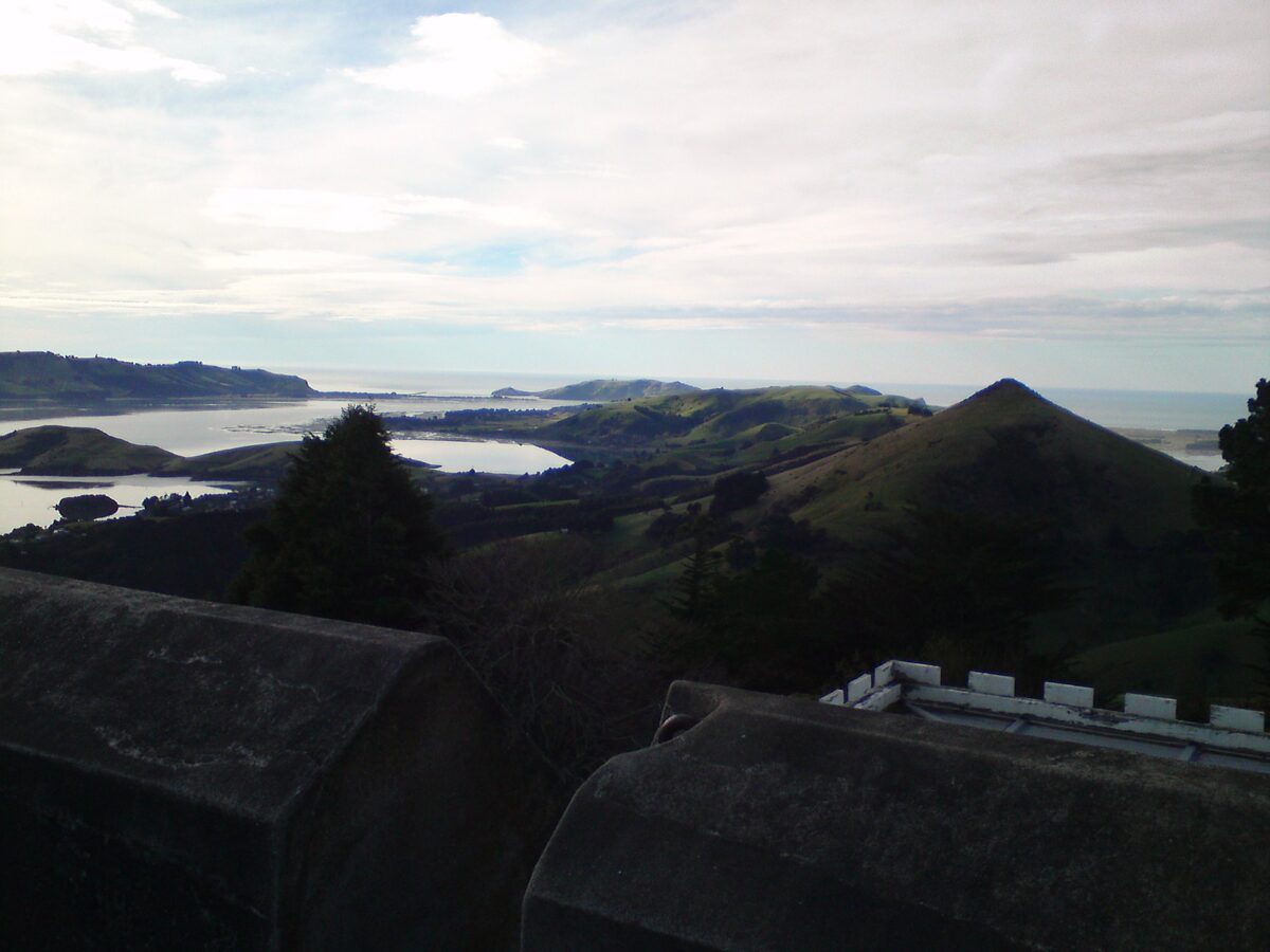 Panoramic view from Larnach Castle over Otago Peninsula coastline and harbour Dunedin