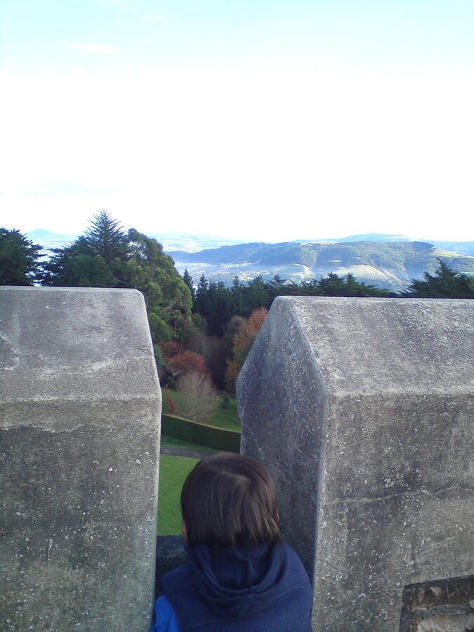 View from Larnach Castle tower over Otago Peninsula and harbour Dunedin