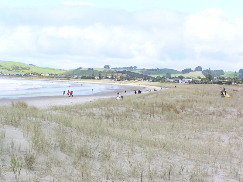 Aerial view of Mangawhai estuary and sand dunes Northland New Zealand