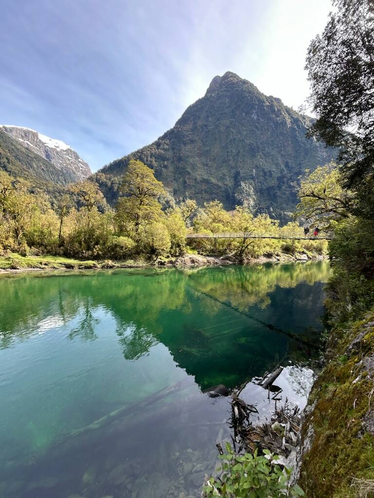 Emerald green pool with swing bridge on the Routeburn Track New Zealand