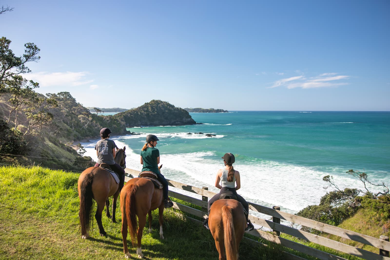 Horse riding along the Northland coast at Matapouri with turquoise water
