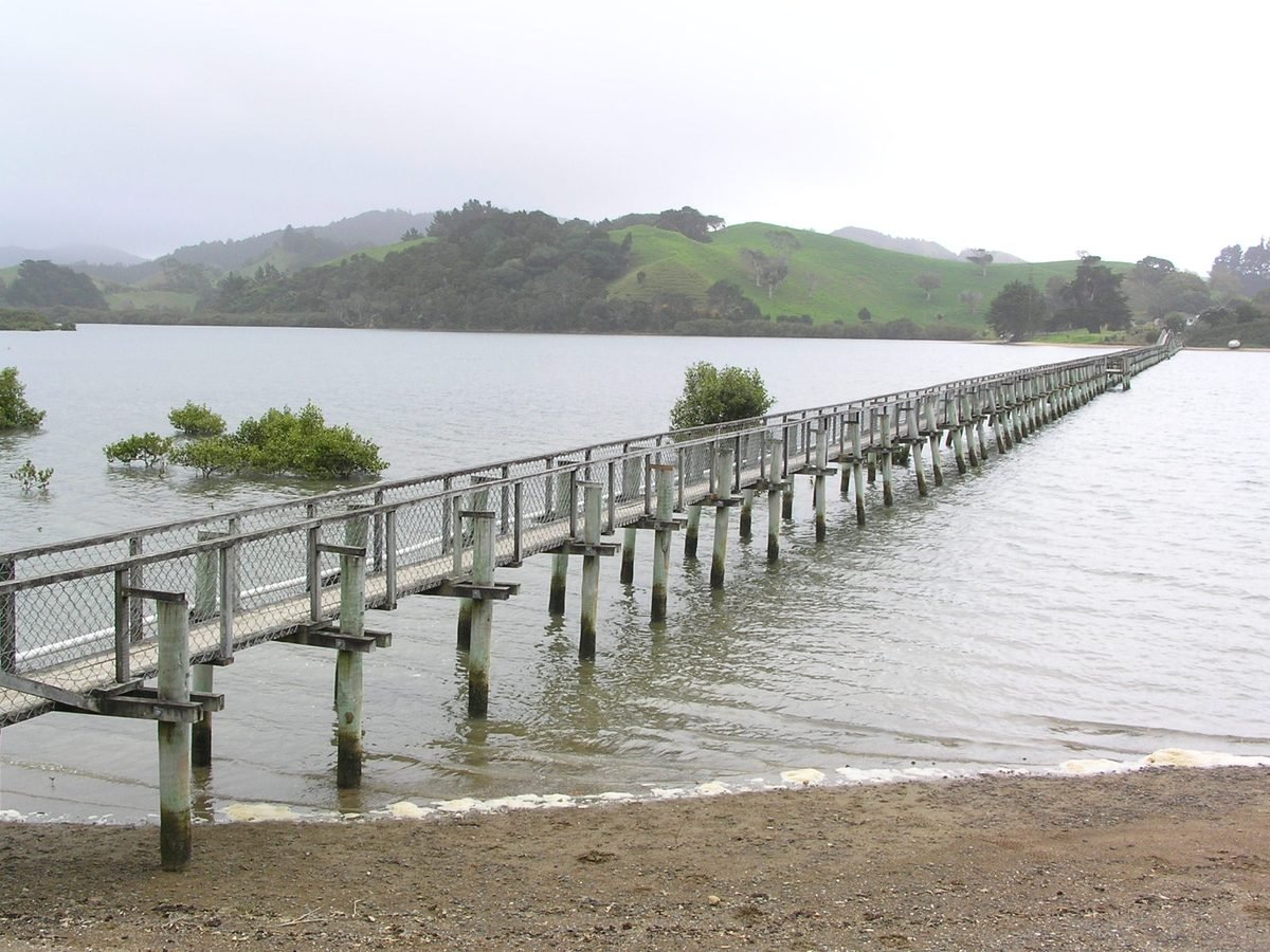 Long footbridge across estuary with green hills Wharanaki Northland New Zealand